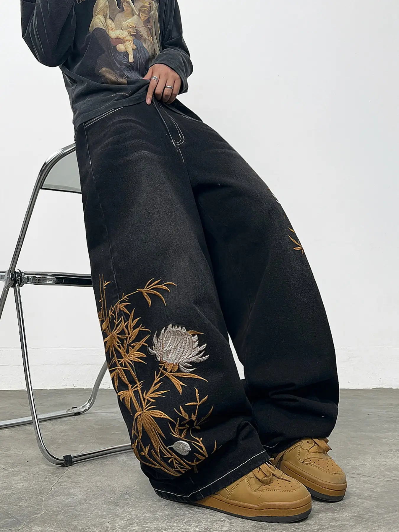 Men's Denim Jeans, Heavy-Duty Bamboo Floral Embroidery Straight Leg Wide-Leg Jeans, Y2K Streetwear Street Fashion Loose Long Pants, All Seasons