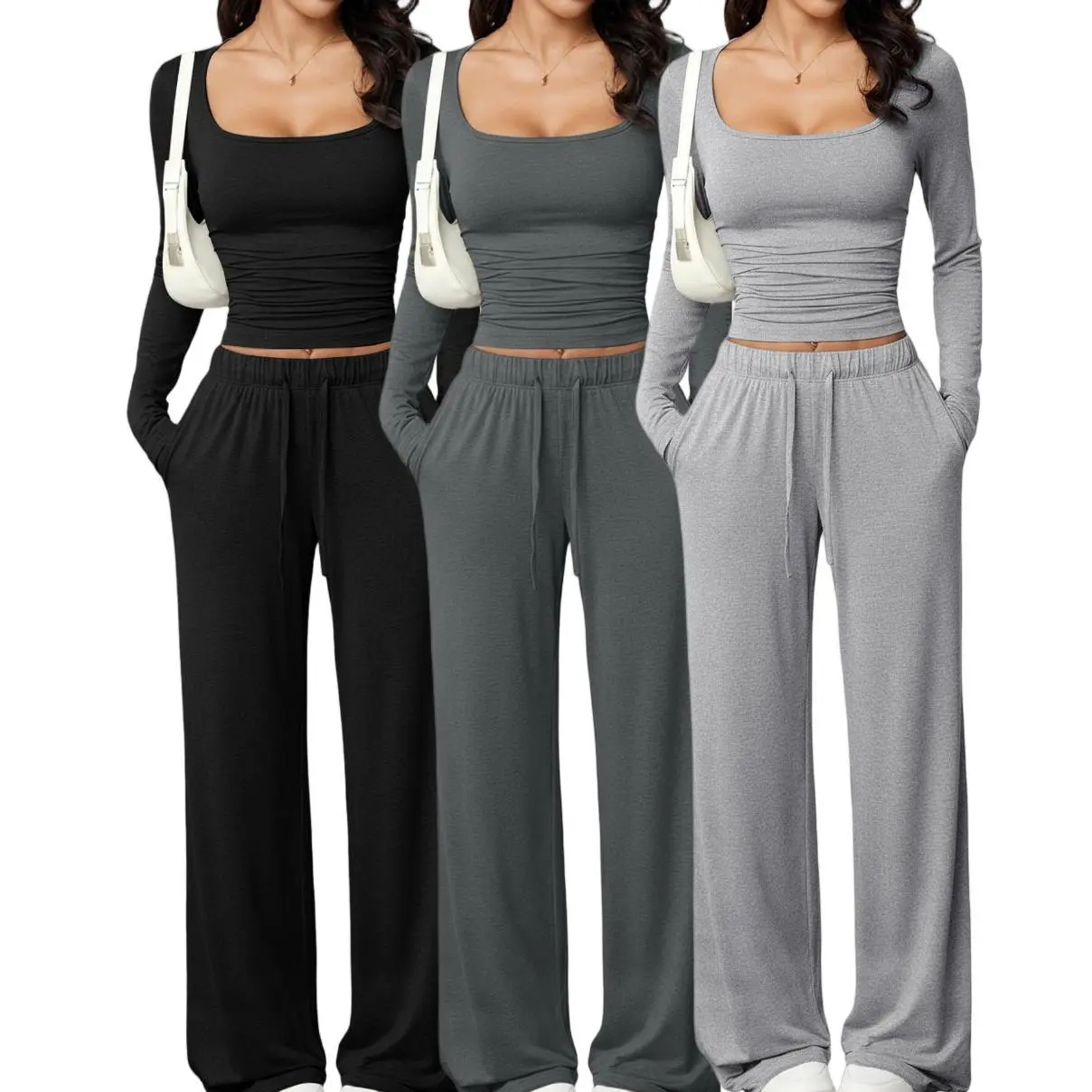 Women's 2-Piece Loungewear & Athletic Casual Outfit, Square Neck Long-Sleeve Ruched Crop Top and Drawstring Wide-Leg Sweatpants, Stretchy Slim-Fit Casual Tracksuit Set Suitable for Fitness, Daily Outfits and Street Style Wear