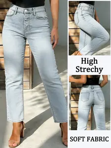 Spring Summer High Waist Elastic Women's Jeans Light Blue Casual Commuter Vacation Versatile Straight Leg Pants