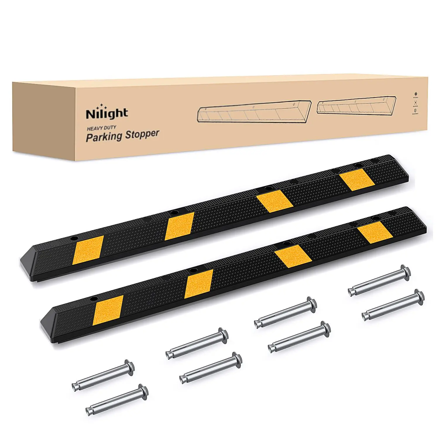 Nilight 2-Pack 72-Inch Heavy Duty Rubber Automotive Parking Curb - 71.3"x5.9"x3.9" Bolted Wheel Stopper with Reflective Strips & Stickers, Pressure/Wear/Extreme Weather Resistant, for Large Veh., Driveways, Safe & Accurate Parking