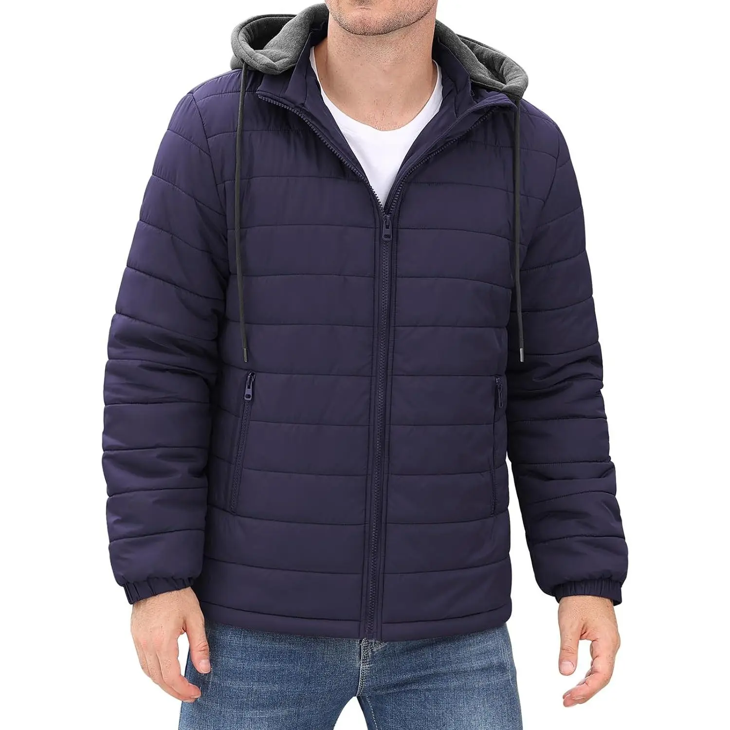 Mens Lightweight Puffer Jacket Winter Casual Quilted Coat with Detachable Hood Water Resistant Insulated Puffy Coat