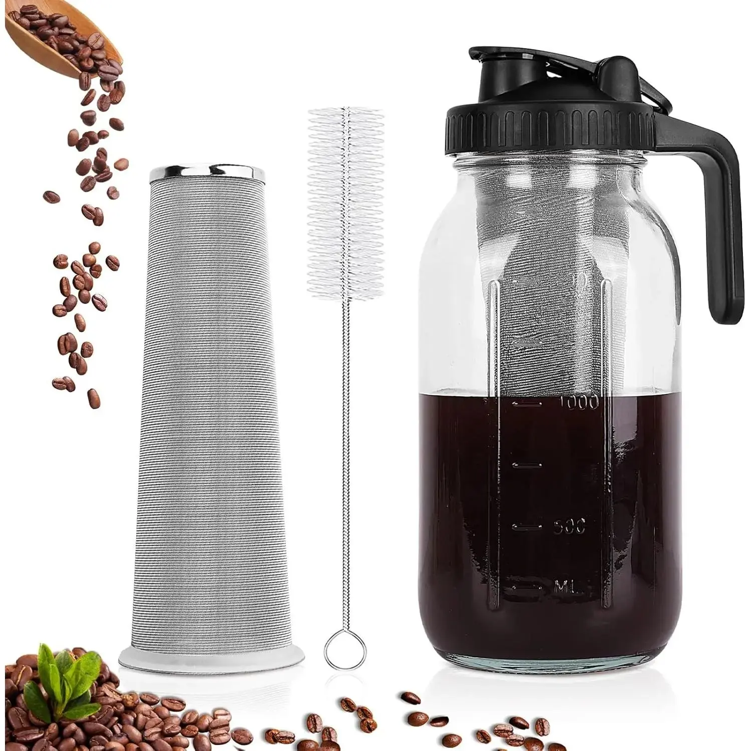 64 oz Large Size Cold Brew Coffee Machine - Iced Tea & Lemonade Maker with Heavy-Duty Glass Mason Jar Pitcher, Handle, Airtight Spout Lid, Fine Mesh Stainless Steel Filter, Convenient Design, Dense Filter, Leak-Proof, Coffee Brewing Kit