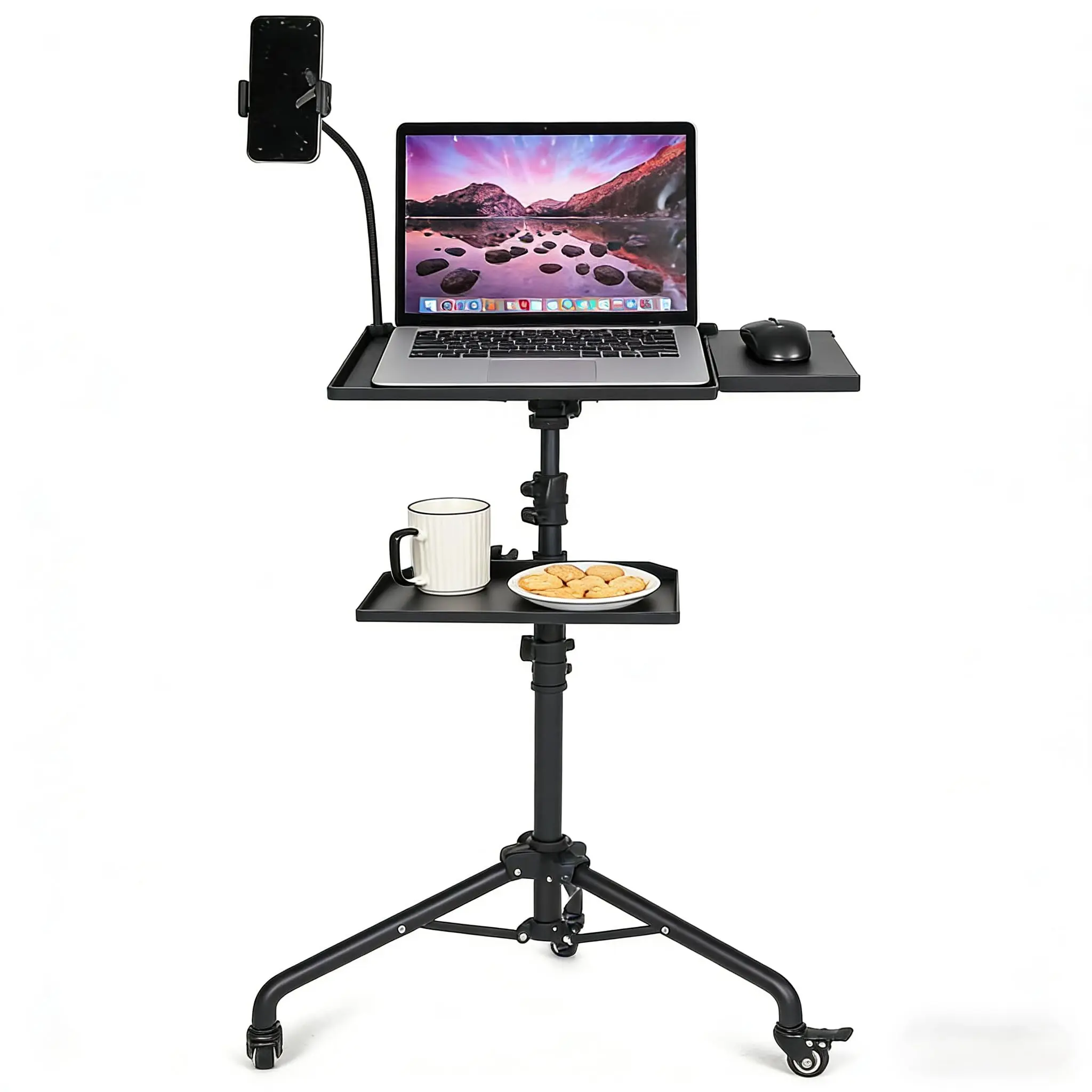 Projector Tripod Stand, Mobile Projector & Laptop Stand with Wheels, Adjustable Height 58-125cm with 2 Shelves, Mouse Tray & Phone Holder for Office & Home Presentations, Black