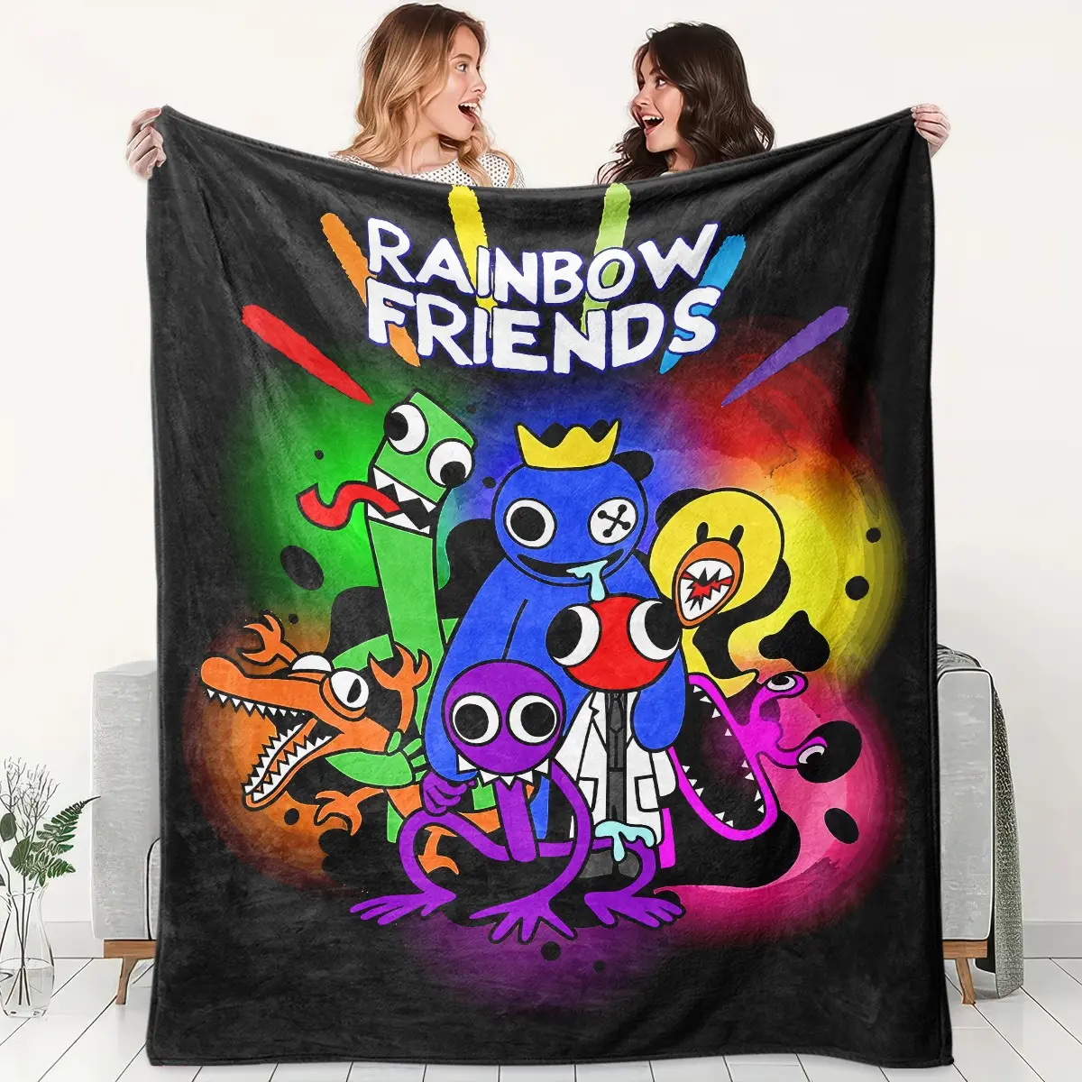 1pc Rainbow Friends Cartoon Fleece Blanket, Black Background Gradient Rainbow Halo Colorful Monster Game Character Print. Soft Warm Throw for Sofa, Bed, Office, Camping Trip, Ideal Christmas Gift.