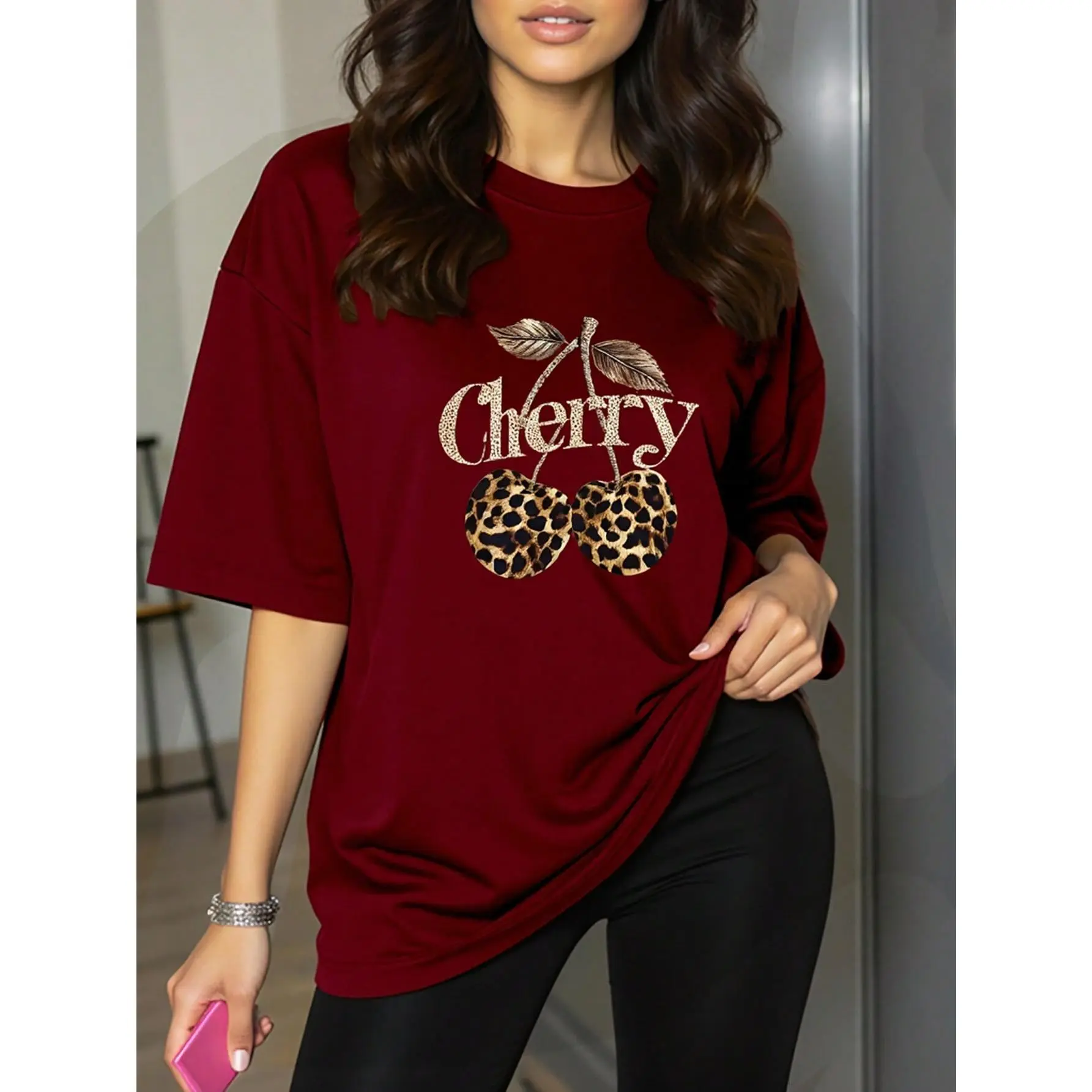 Women's Plus Size Round Neck Short-Sleeve Cherry & Leopard Print Casual Tops - Breathable Fabric, Comfortable Fit for Sports & Outdoor Activities, Shortsleeve, Cotton