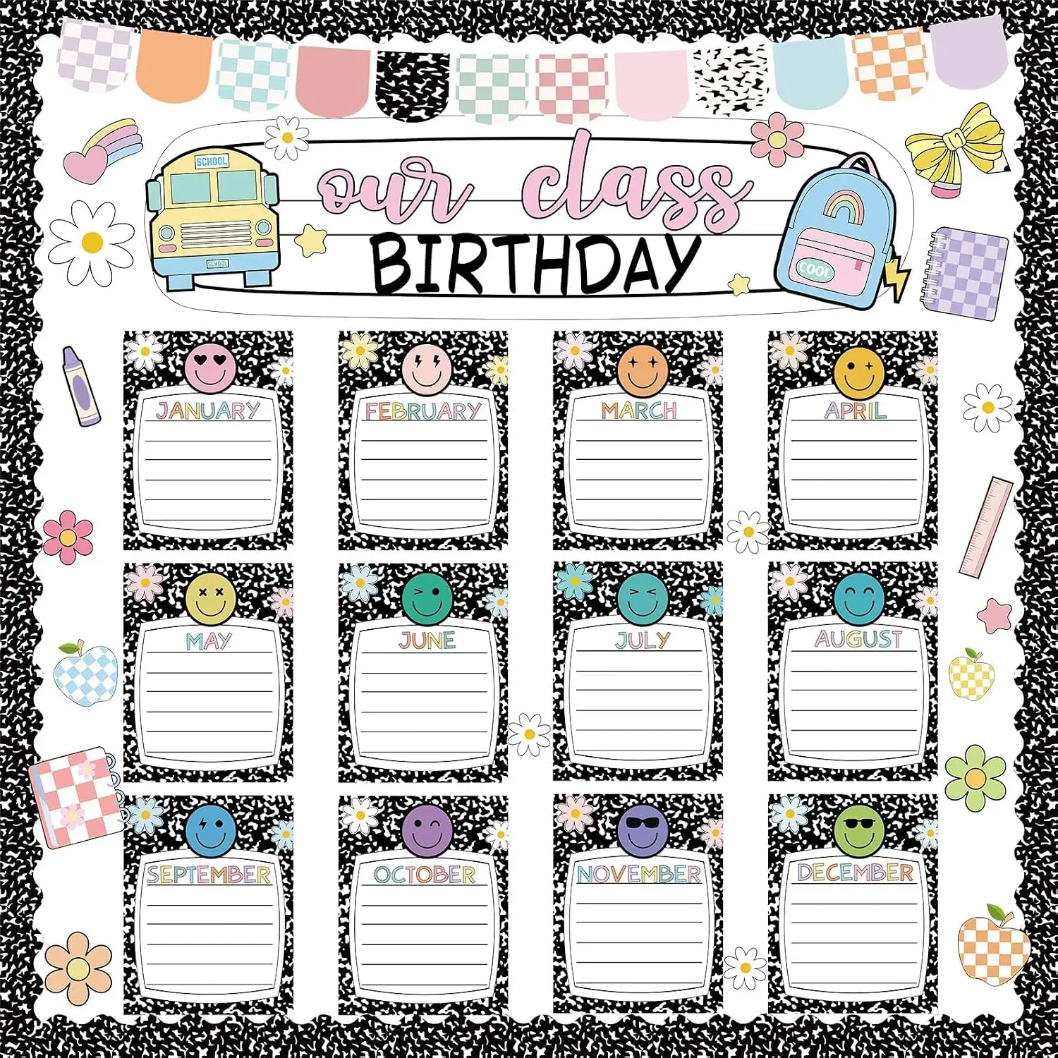 Happy Birthday Bulletin Board Set  to School Happy  Birthday Chart Calendars Cutouts Composition Notebook Classroom Decorations for  Classroom  Office Chalkboard Wall Door Decor