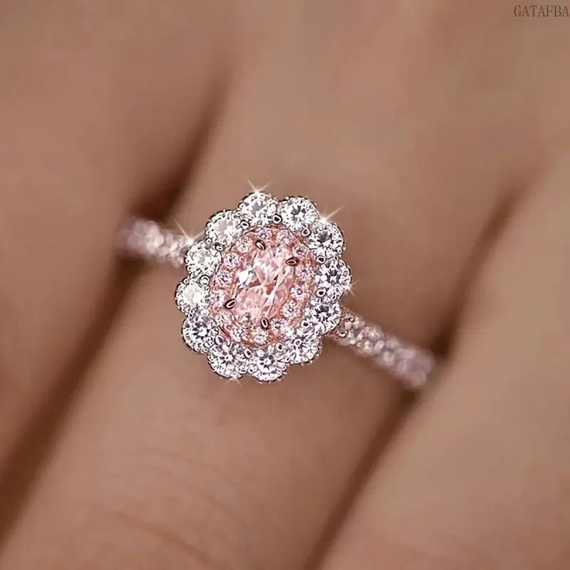 Luxury Two-Tone Sunflower Ring, Oval Cubic Zirconia Four-Prong Setting, Wedding & Promise Finger Jewelry,back to school,back to school haul