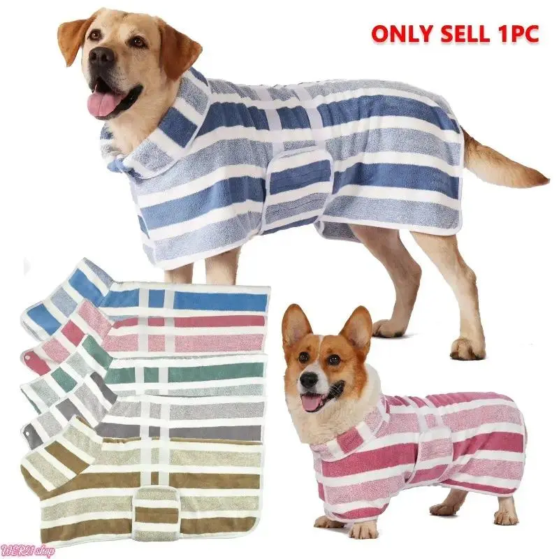 Striped Fast-Dry Dog Bathrobe - Soft Cotton Post-Bath Wear, Adjustable Waistband, Skin-Friendly Lightweight Puppy Spa Coat, Grooming Accessory for Small-Medium Pets (2026 #SummerWins Viral Pick)