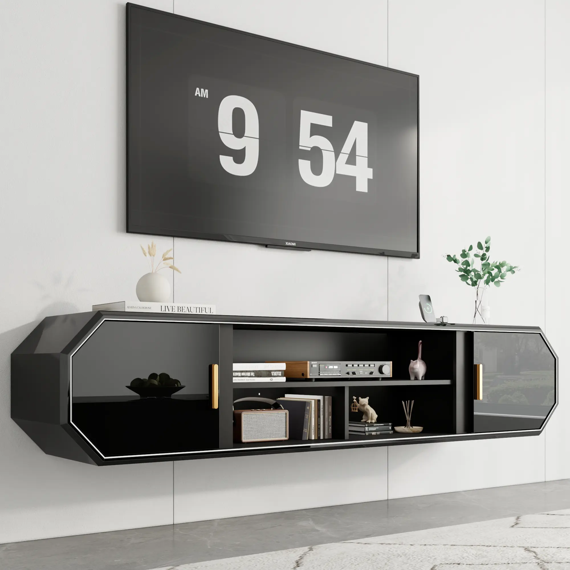71 In Modern Wall-Mount Floating TV Console with Storage - Easy Setup Media Stand, Charging Station with Power Outlet & USB Ports, Living Room Indoor Furniture Decor Piece