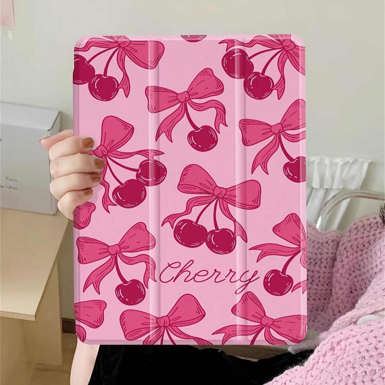 Pink cherry bow pattern, with adjustable bracket and pen slot, foldable non-slip TPU protective case, suitable for iPad mini, iPad Air, iPad Pro/iPad 10th generation, 11th generation and other series iPad protective cases