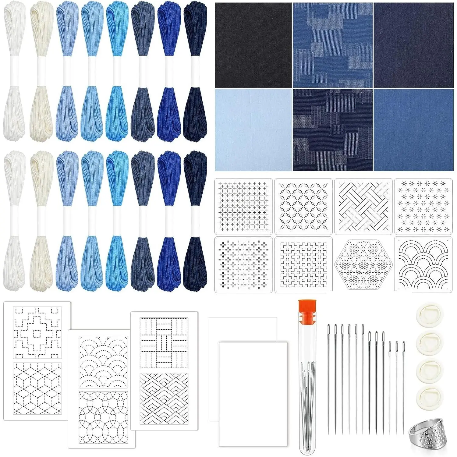 52PCS Sashiko Stencil and Template Kit with Multicolor Threads, Needles, Silver Thimble, Denim Fabric and Water-Soluble Pattern Sheets for Embroidery, Mending and Sewing, BlueGift