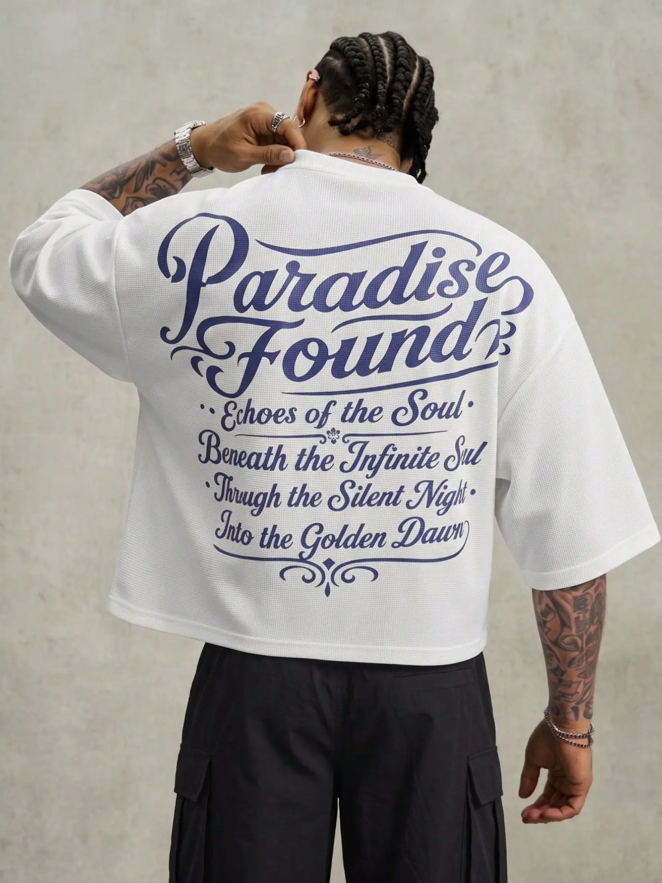 Trend Oversized Waffle Textured Short Sleeve Graphic Tee - Mens Paradise Found Back Print Streetwear Crop T-Shirt for Summer Daily Wear