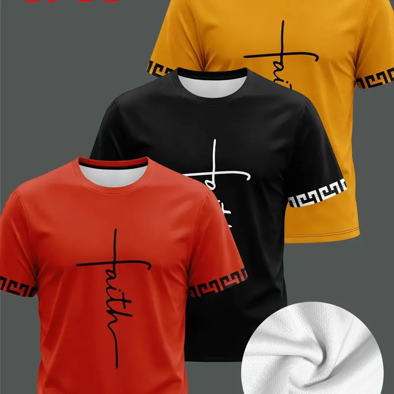 3-Pack Men's Short Sleeve T-Shirts, Handwritten Cross Graphic, Vintage Hem, Casual Fitted Tee, Round Neck, Trendy Streetwear Fashion Set