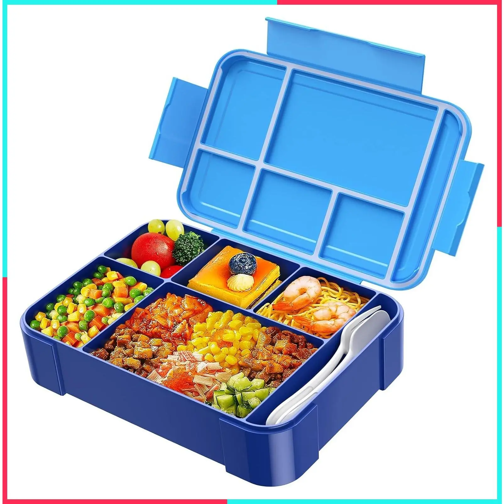 1450ml Leakproof Bento Lunch Box for Kids with 6 Compartments, Toddler Lunch Box with Silverware, Reusable Snack Container for School & Daycare