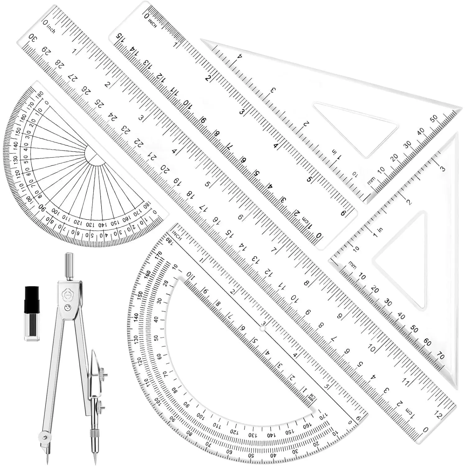 7 count Geometry Set-Clear Plastic Rulers,Triangle Ruler,Protractor,Compass | 12Inch & 6Inch Ruler Set for School Office Math Drawing Drafting Engineering Architecture Art