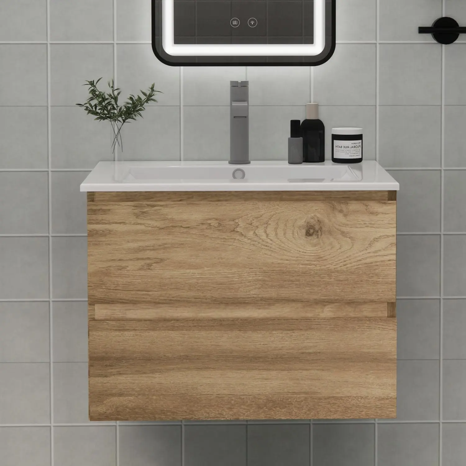 Wall-Mounted Bathroom Vanity with Sink and 2 Soft-Close Drawers – Moisture-Resistant MDF, Space-Saving Design for Modern Bathrooms (Nature with Sink, 24)