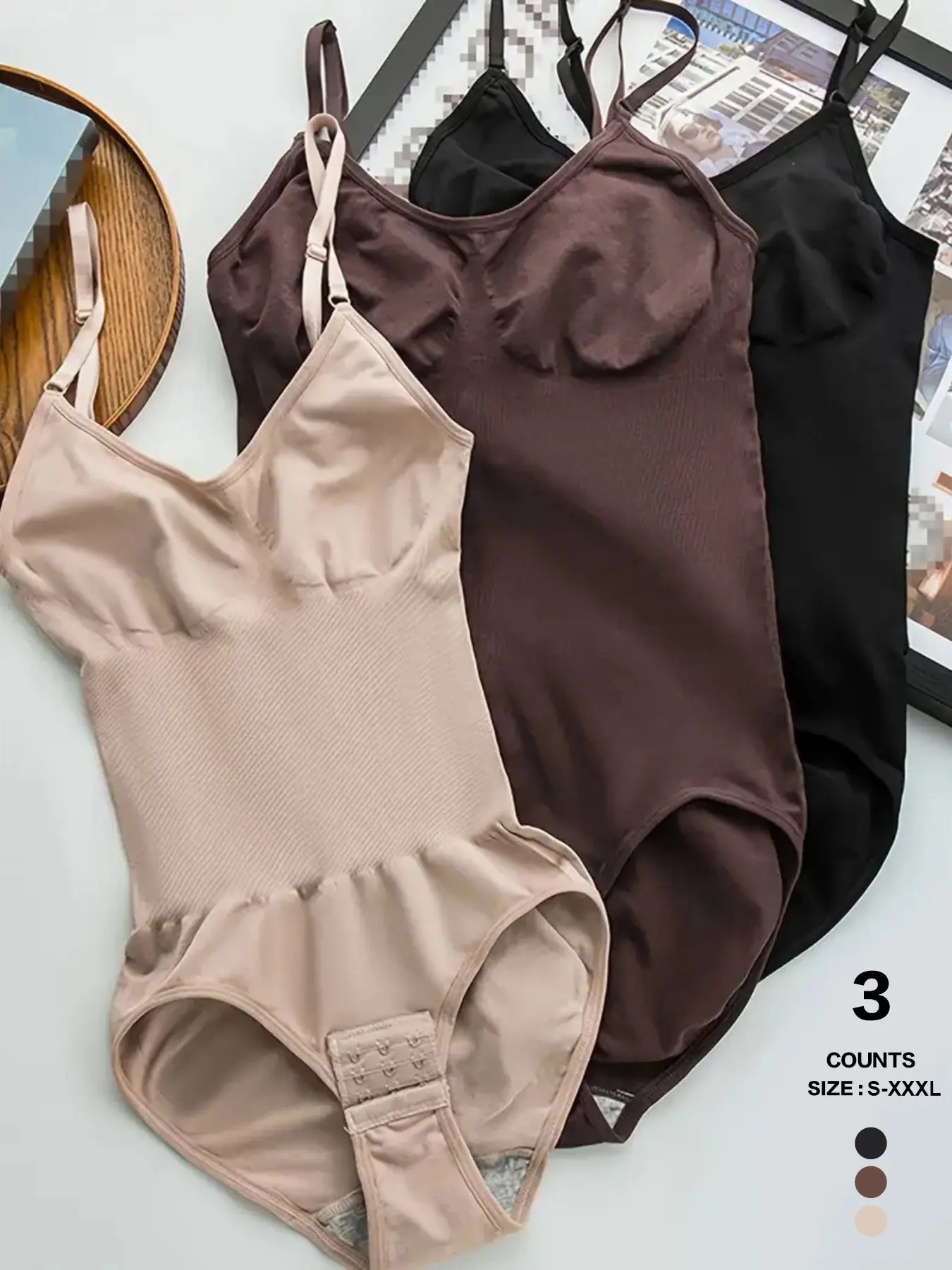 Women V Neck Adjustable Spaghetti Strap Shaping Bodysuit, Tummy Control Compression Shapewear, Detachable Bottom Hooks, Casual Style