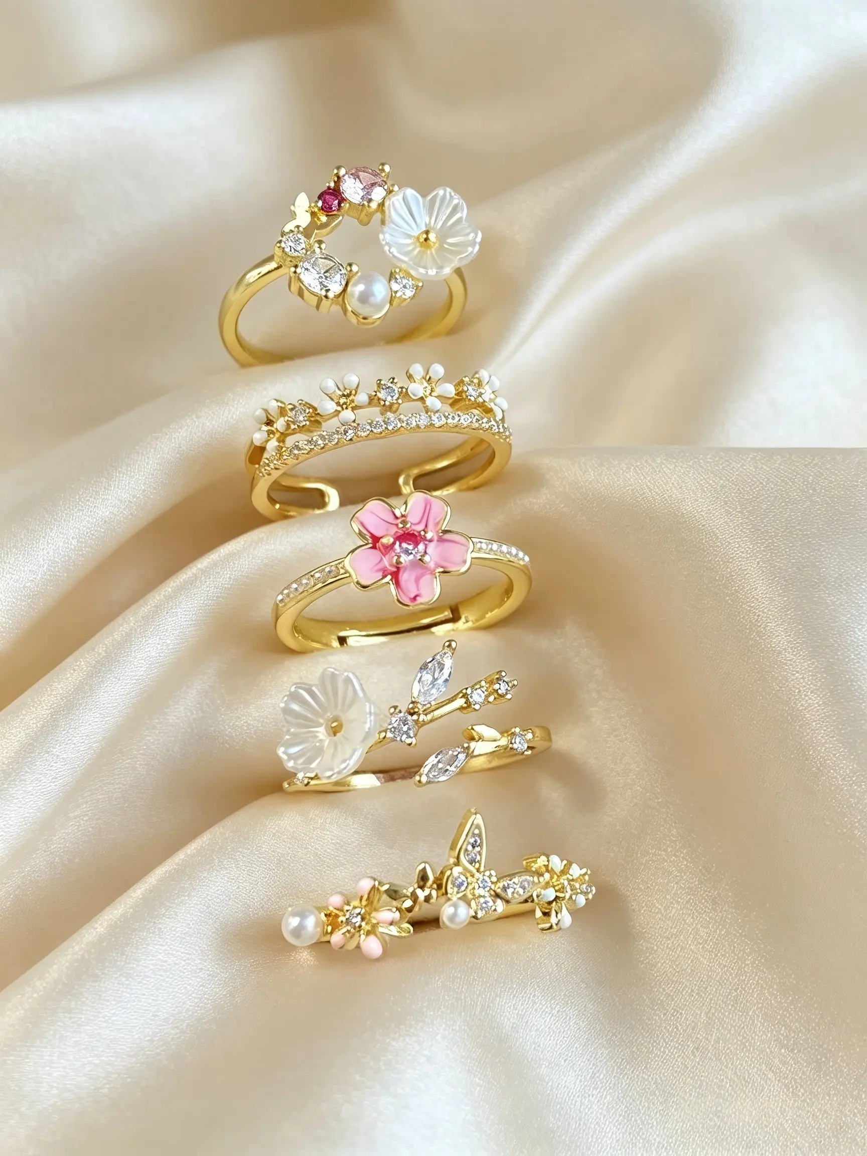 5pcs Elegant Floral, Geometric, Butterfly Design Rings, Cubic Zirconia & Faux Pearl, Adjustable Open Rings for Women, Spring/summer Fashion(No Gift Box)