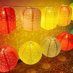 BASIC SUPPLY 5PCS Paper Lanterns Colorful Vibrant Decoration 6inches with LED Lights, Hollow Out Hanging Lanterns with Tassels Walking Sticks for Dinner Birthday Party Decor (Round)