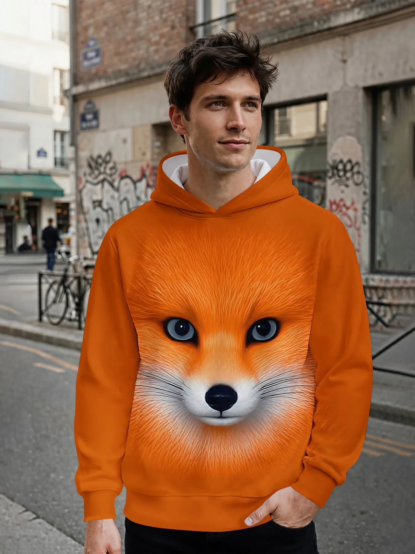 Men's 3D digital print hoodie with full-frame realistic plush fox print in orange-red tones, gentle and soothing casual design with all-over prints. It stands out for daily outings and music festival looks, making it an ideal holiday gift for men