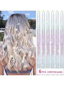6 pcs Hair Tinsel,Hair Tinsel Kit for Women And Girls Fairy Tinsel Synthetic Hair Extensions Holographic Hair Tinsel Heat Resistant Colored Hair Glitter Christmas Party Festival