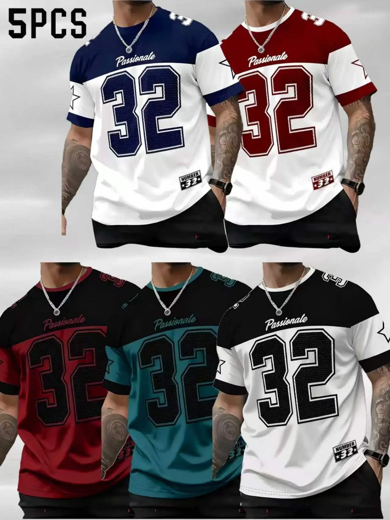 5-Pack Men's Colorblock Patchwork 32-Number Print Short Sleeve T-Shirt, American Sports Style, Athletic Fitted Tee, Casual Slim-Fit Long Tee for All Seasons, Athletic T Shirts
