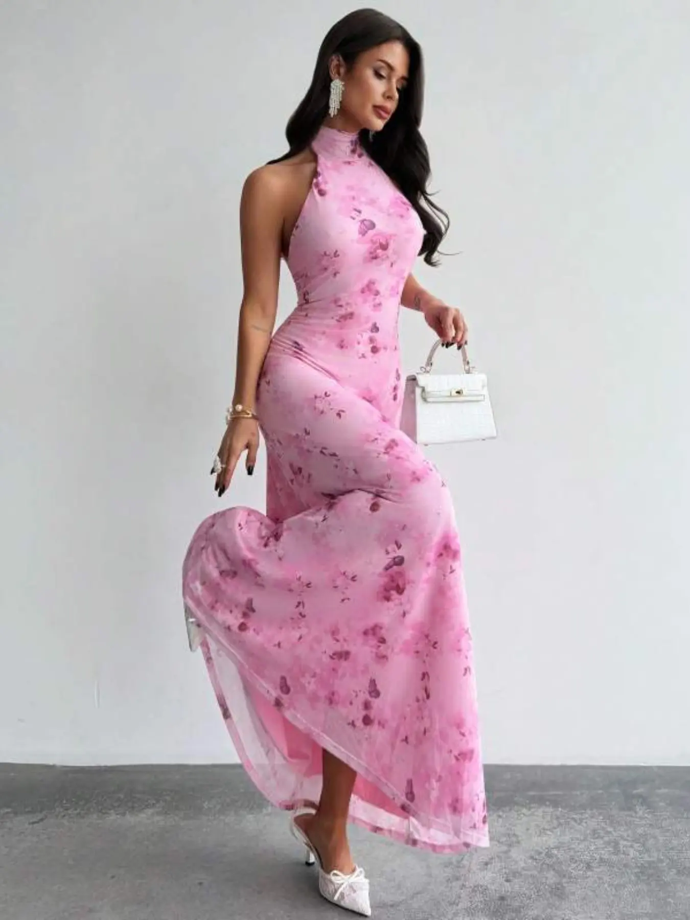 Butterfly Watercolor Print Bodycon Dress, Casual Long Dress, Slim-Fitting, Ditsy Floral Pattern, High Waist, Street Style