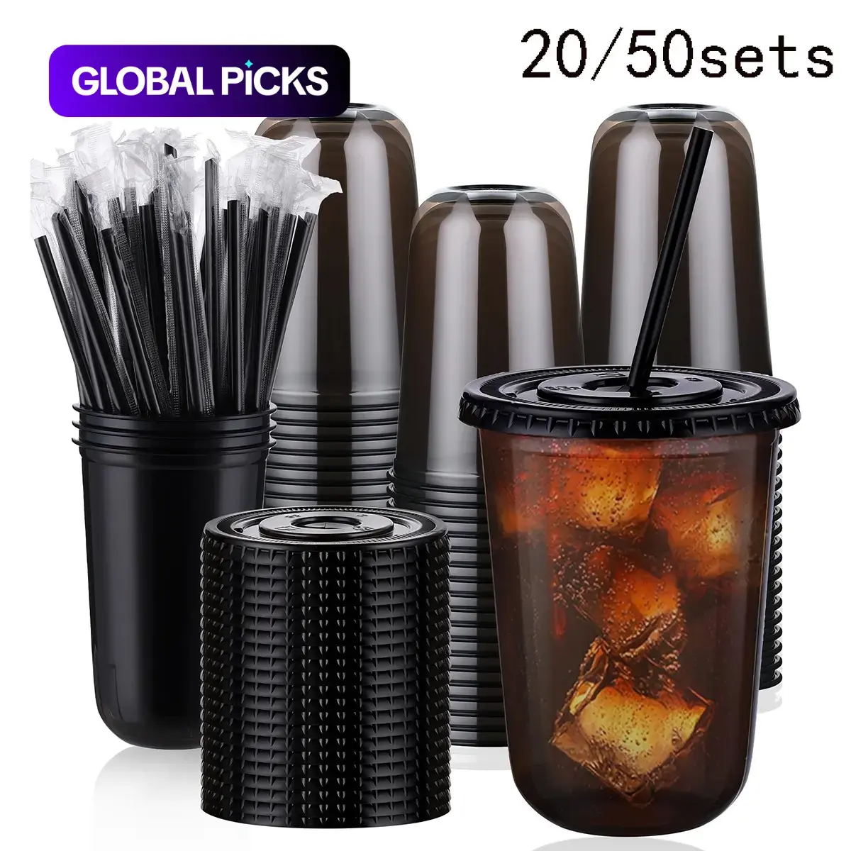20/50 Sets 16 oz Clear Plastic Tumbler Cups with Lids and Straws, Bulk Plastic Cups, Disposable Cold Drink Cups for Ice Coffee, Milk Tea, Smoothies, Party Activities, Party Supplies, Disposable Transparent Cups