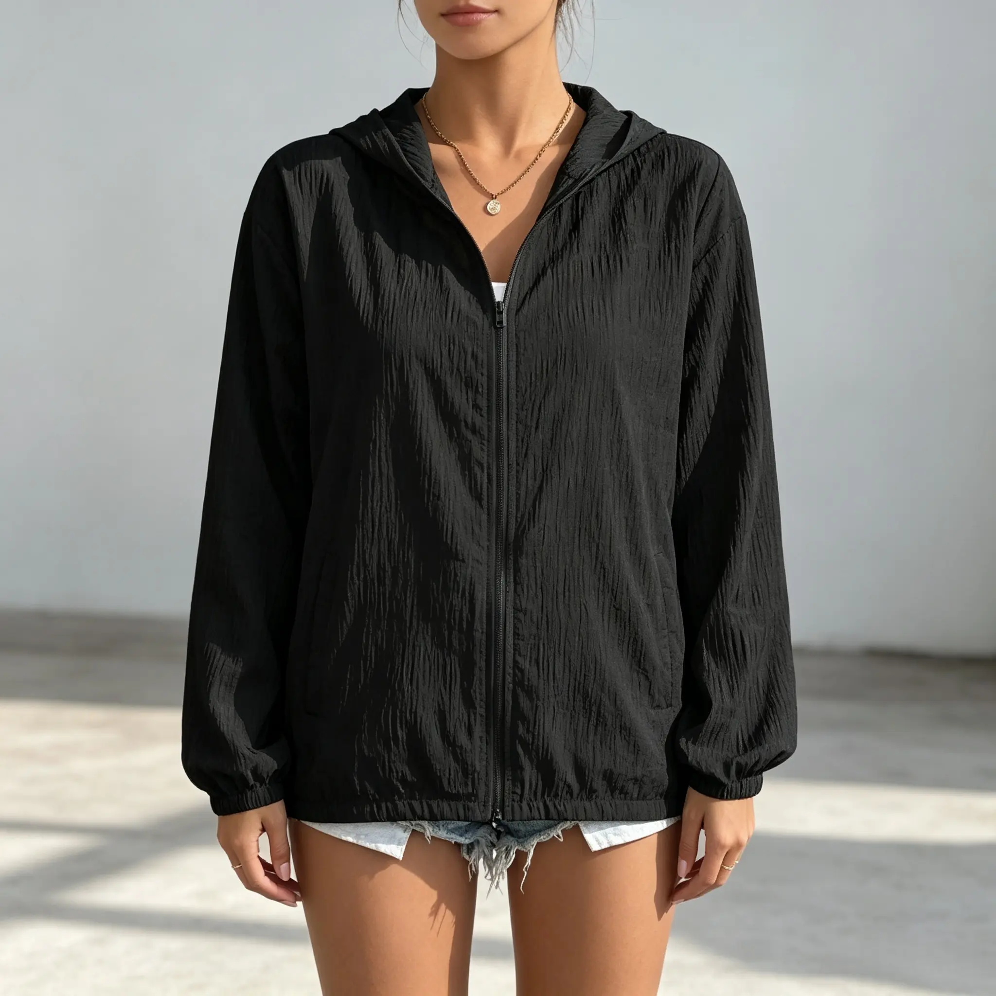 Women’s Textured Lightweight Hooded Zip-Up Sun Protection Jacket - Solid Color, Loose Long-Sleeve Basic Style Casual Outerwear with Comfortable Fit for Spring Summer Outdoor Day Wear