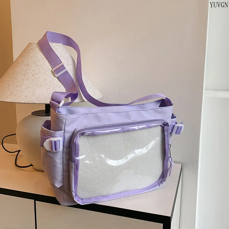 Clear Window Ita Crossbody Bag, Adjustable Strap Canvas Shoulder Bag, Multi Pocket Casual Display Messenger Bag for Collectible Pins