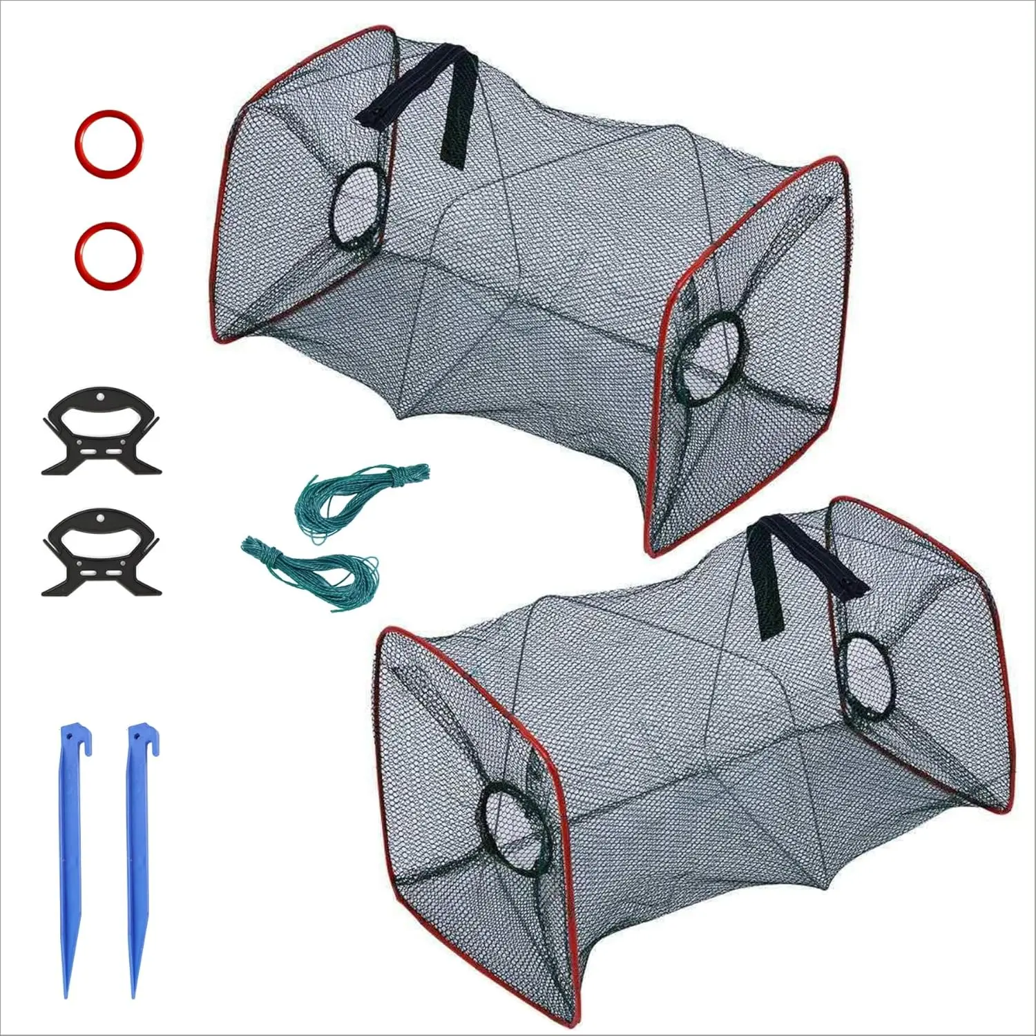 2 Pack Fishing net Trap Foldable Crawfish Bait Trap nets Shrimp Bait Trap Nets Minnow Trap Crab Trap Equipped with 19.7ft Nylon Rope Winding Board Floating Ring and Ground Plug