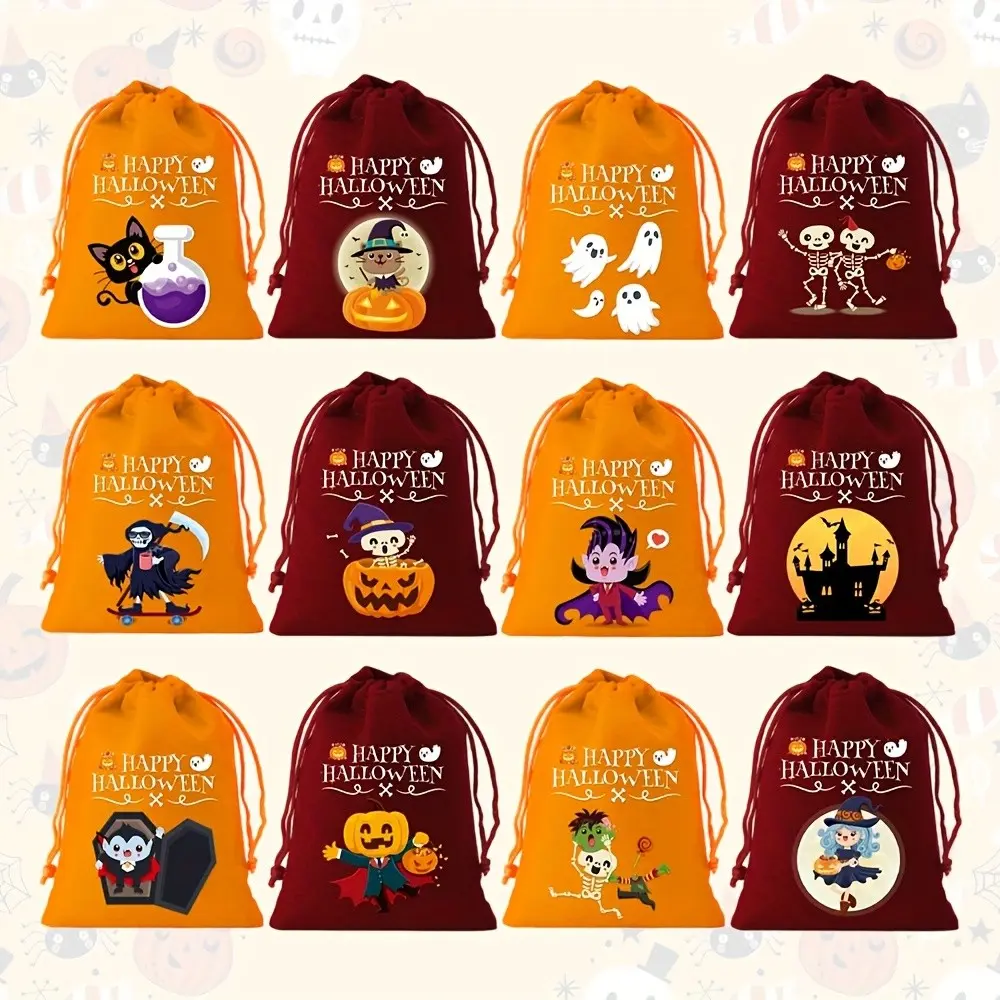 Halloween Drawstring Bags, 12pcs/24pcs/48pcs, Wine & Earthy, 4 Patterns, Halloween Party, Gift Decoration, Birthday Party