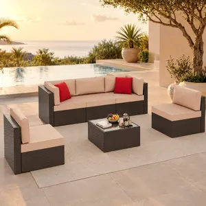 6 Piece Patio Furniture Sets, All Weather PE Wicker Rattan Outdoor Sectional Sofa Conversation Couch with Glass Table, Cushions and Pillows Outdoorfun