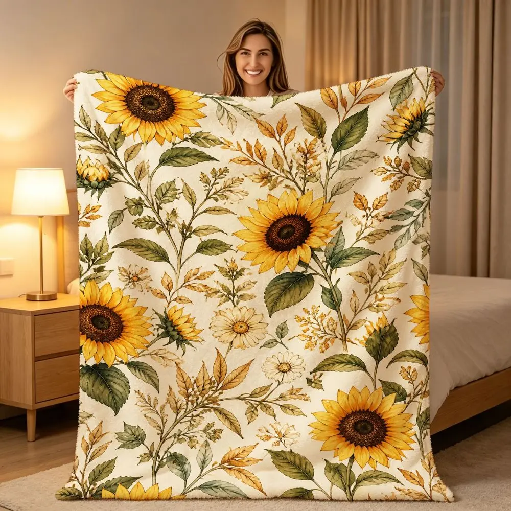 Sunflower Botanical Print Throw Blanket - Soft Warm Fleece Bedspread Suitable for Bed and Sofa, Cozy Rustic Floral Bedspread with Sunflower, Contemporary Bedding for Living Room,, or Guest Room Decor Gift(Single-sided print)