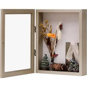 8x10 Shadow Box Frame with Linen Back, Wood Glass Display Case for Medals, Photos, Memorabilia, Awards, Pins Included, Champagne