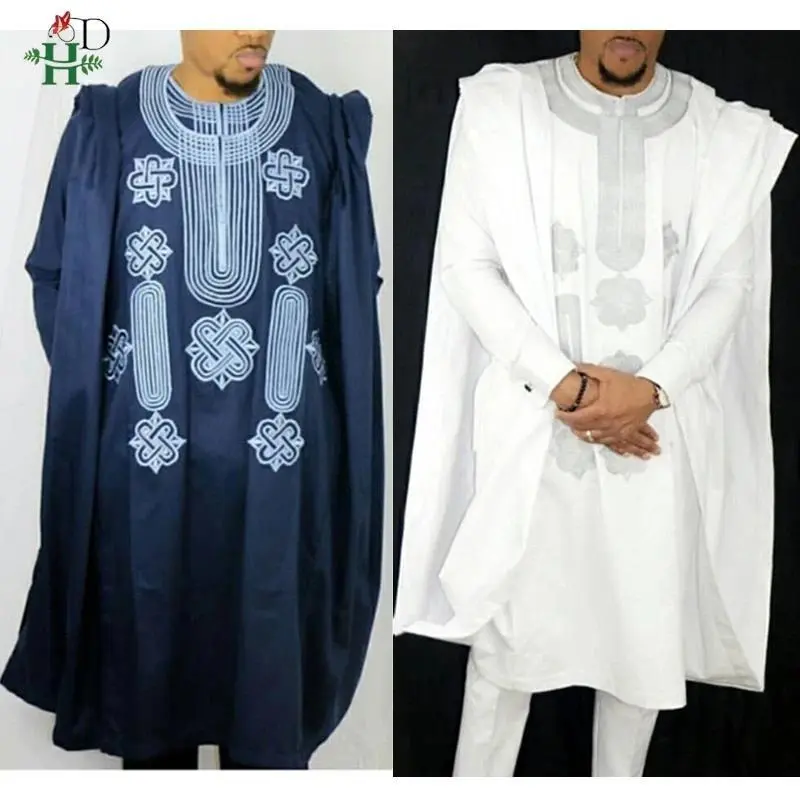 Men's Traditional African 3-Piece Suit Set - Long-Sleeve Embroidered Robe, Shirt, Pants for Commute Look (Agbada/Boubou Style)