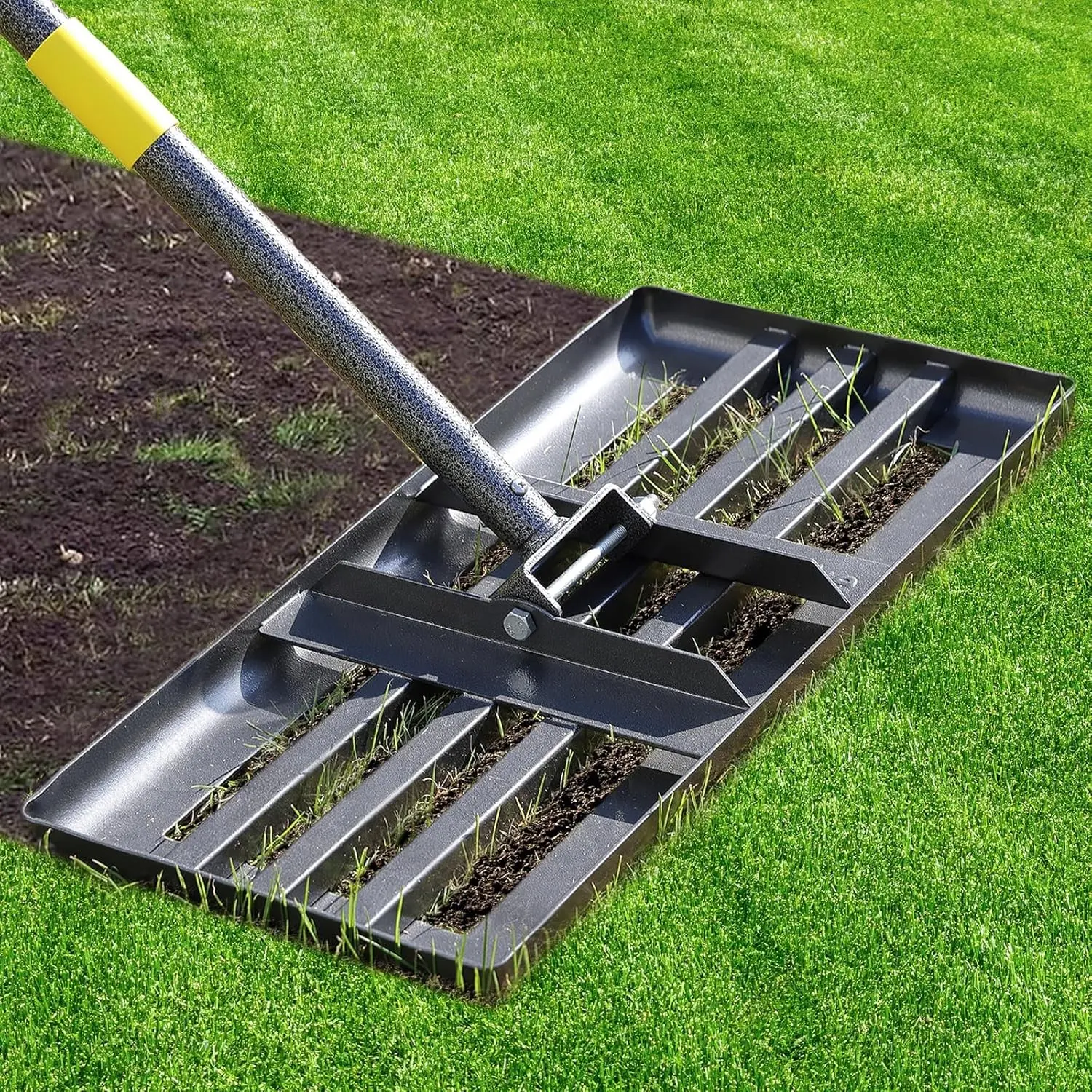 Lawn Leveling Rake - Heavy Duty 17"x10" Stainless Steel Leveler Plate,Reinforced Welds,28-60" Adjustable, Anti Flipping Smooth Edge,for Soil, Dirt,Ground,Backyard Top Dressing,Landscaping