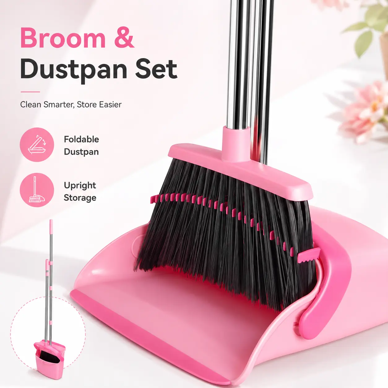 Foldable Broom and Dustpan Set with Self-Cleaning Comb Teeth, Long Stainless Steel Handle Upright Standing Dustpan Broom Combo, Lightweight Pink Sweeping Cleaning Set for Home Kitchen Bedroom Office Floors