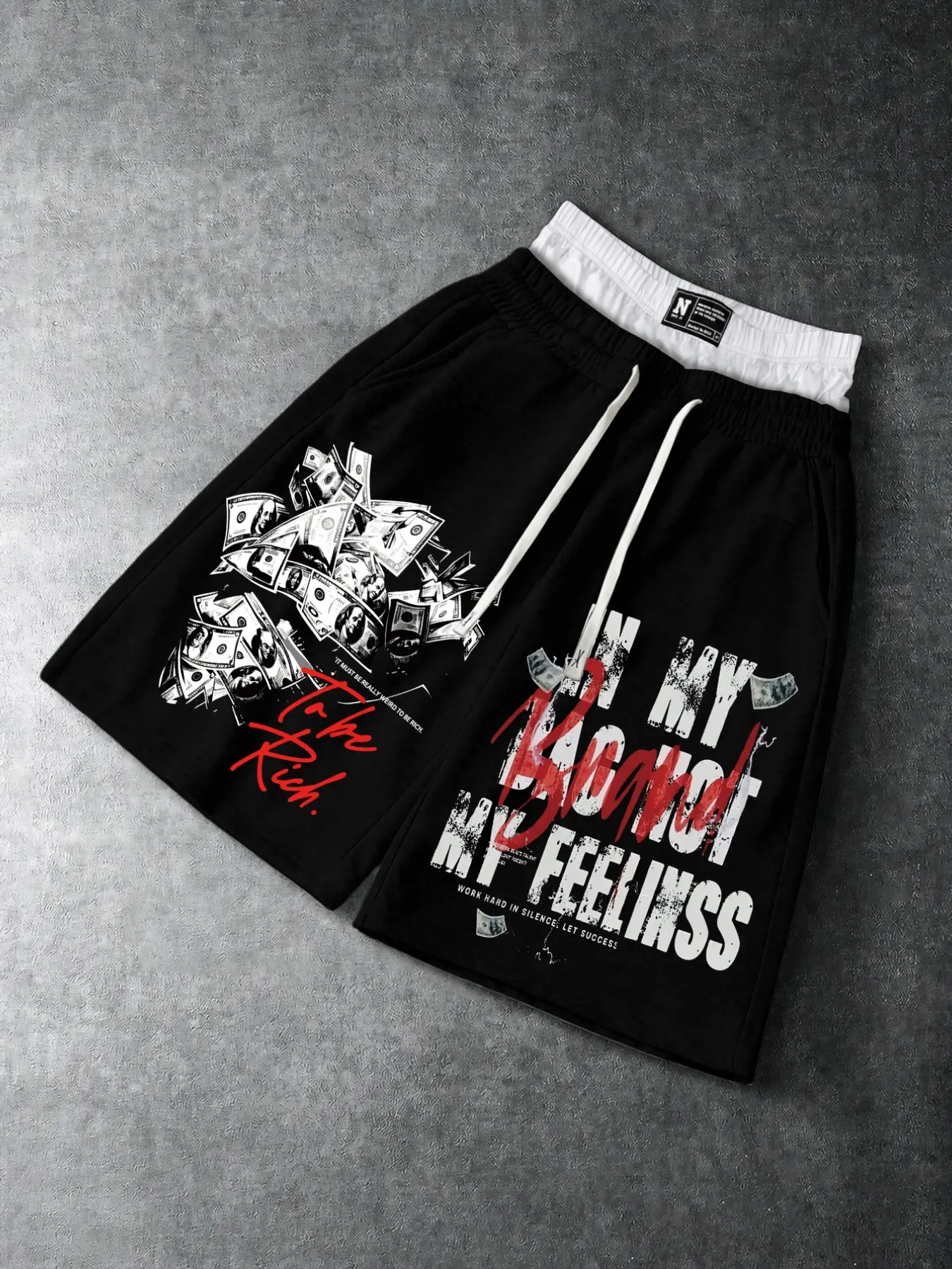 Men Black Baggy Graphic Sweat Shorts Fake Layer White Waistband Design Dollar Money Print Red White Distressed Graffiti Letter Elastic Drawstring Streetwear Shorts Y2K American Hip Hop Shorts For Skate Concert Summer Daily Casual Outdoor Outfits