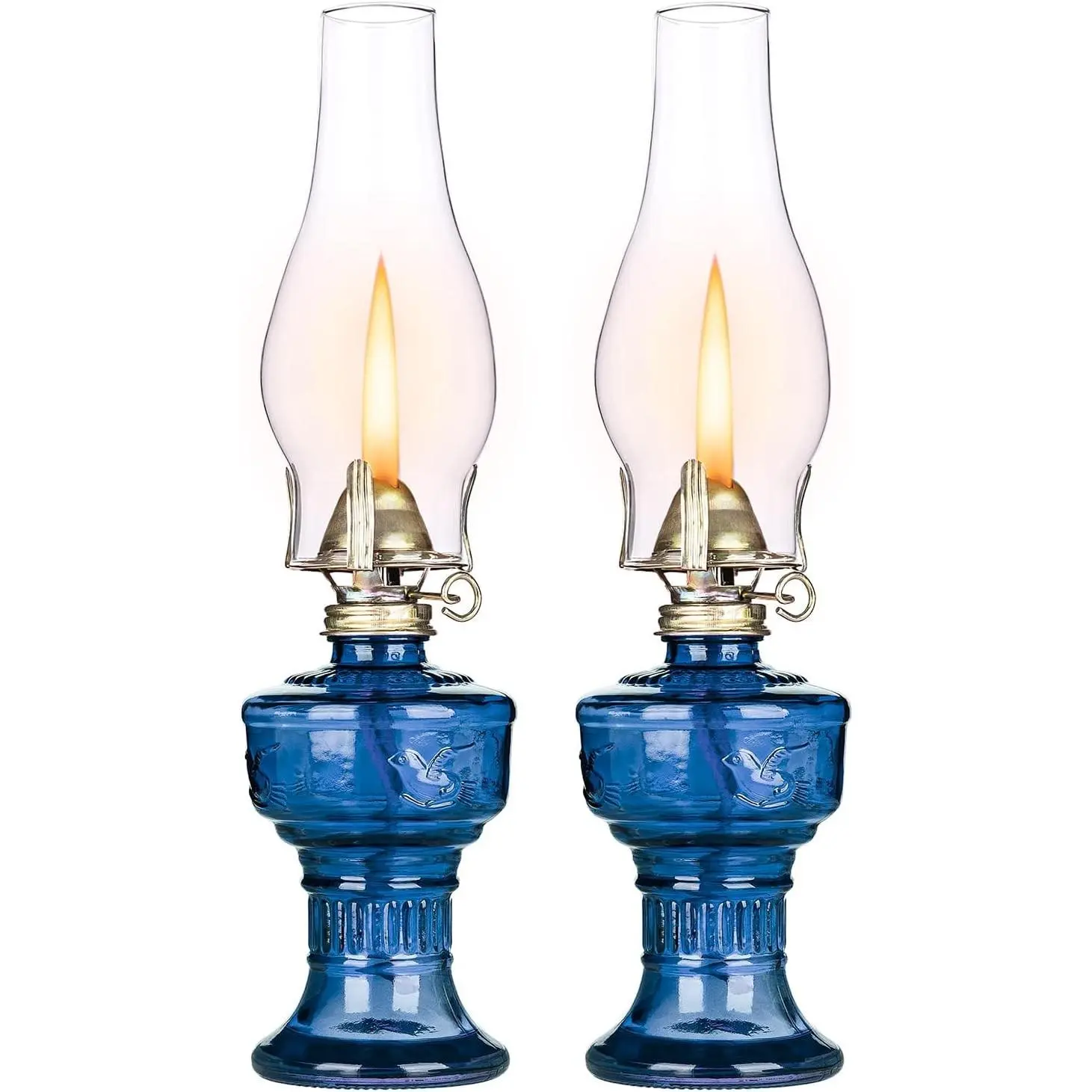 2-Piece Rustic Look Glass Hurricane Kerosene Oil Lamps, Tabletop Size with Adjustable Wick, Blue Indoor Emergency Lighting & Home Decoration Lanterns