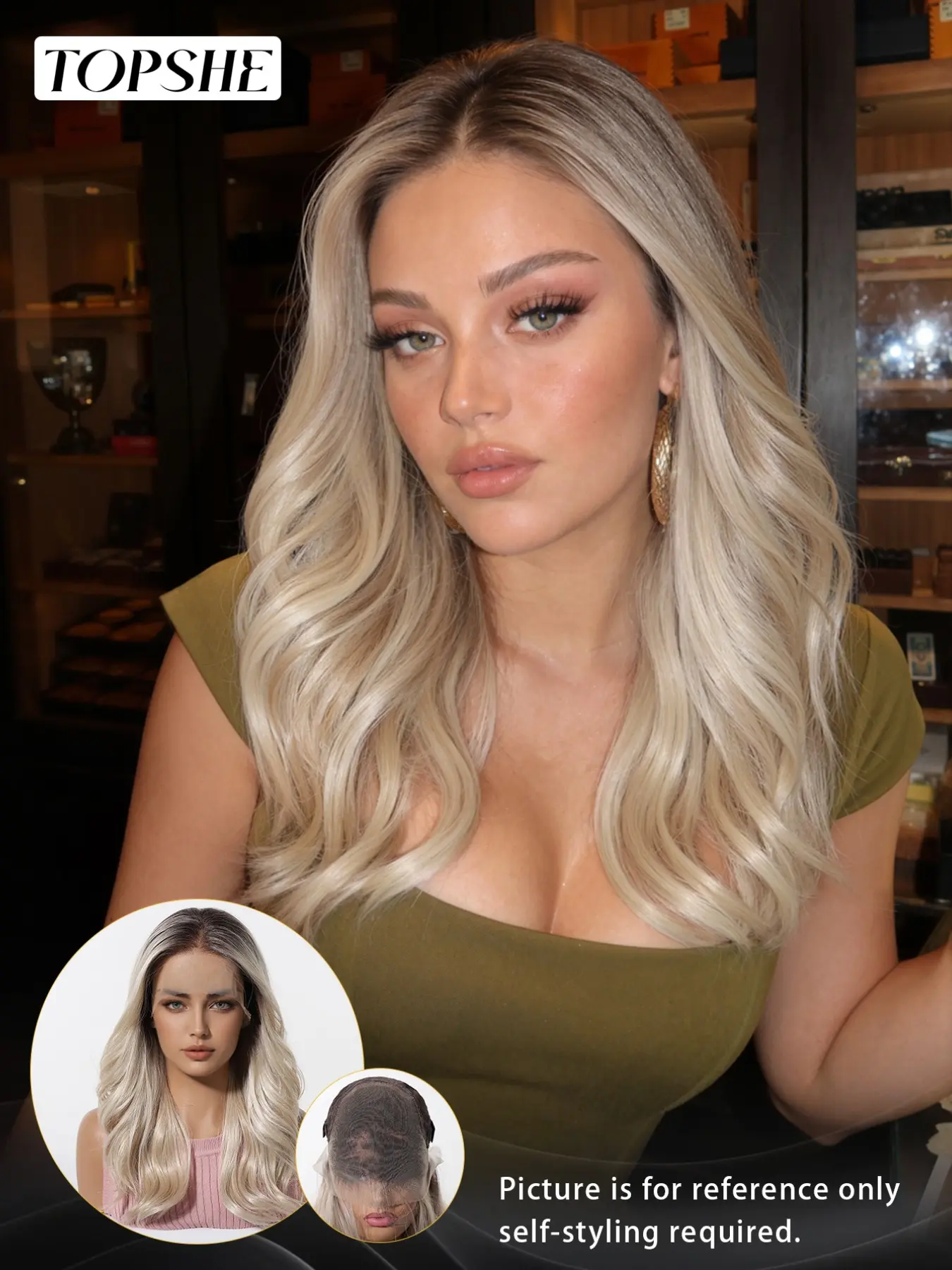 Topshe 13x6 HD Skin Melt Transparent Lace Front Wig, Lace Frontal Wig, Dark Root Ombre Platinum Blonde Soft Loose Water Wave Long Curly Wig, Hand Tied Realistic Hairline, Wear & Go Glueless No Bleach, Silky Tangle Free Heat Resistant Synthetic Hair