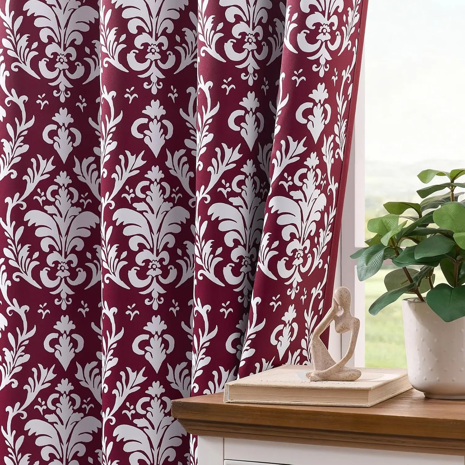 Burgundy Curtains 84 Inches Long 2 Panels Vintage Damask Curtains Grommet Room Darkening Drapes Victorian Maroon Floral Medallion Pattern Reversible Window Treatment for Bedroom Living Room, 52x84