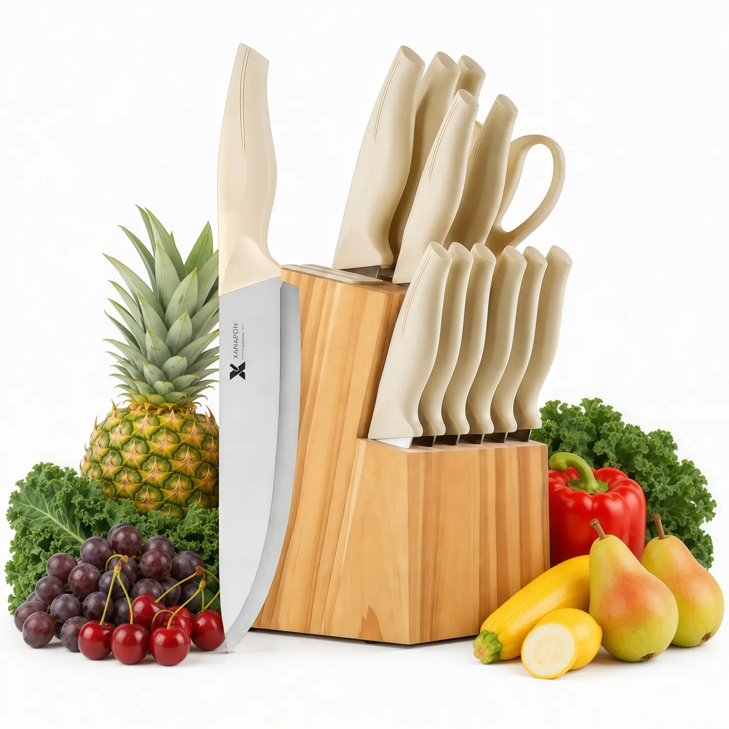 14-Piece Self-Sharpening Black Kitchen Knife Set with Block, Stainless Steel Blades, Built-In Knife Sharpener, ABS Non-Slip Ergonomic Handles for Home Cutting, Chopping and Slicing