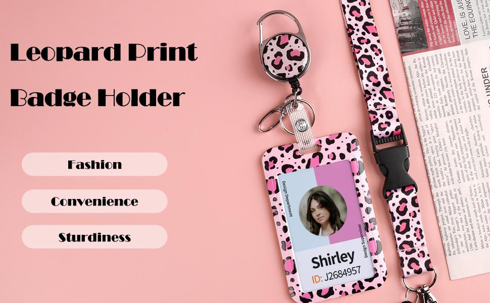 Fashionable Sliding Badge Holder Pink Leopard Print Plastic Card Holder with Retractable Badge Reel Carabiner & Detachable Lanyard Vertical Card Protector for Office Worker Teacher Student