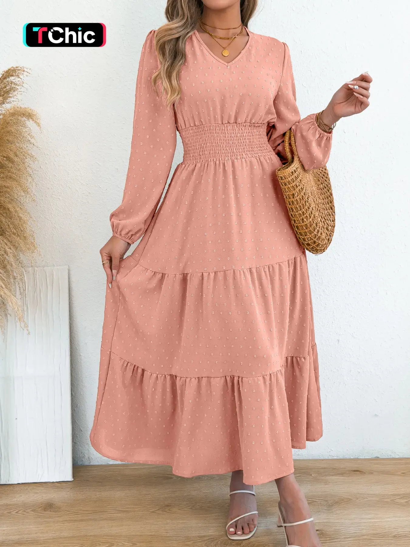 Spring & Fall Casual Boho Sundress Bohemian Vacation V-Neck Long Sleeve Ruffled Hem Ball Fringe Solid Color Waist Cinching Dress for Women Lady Womenswear