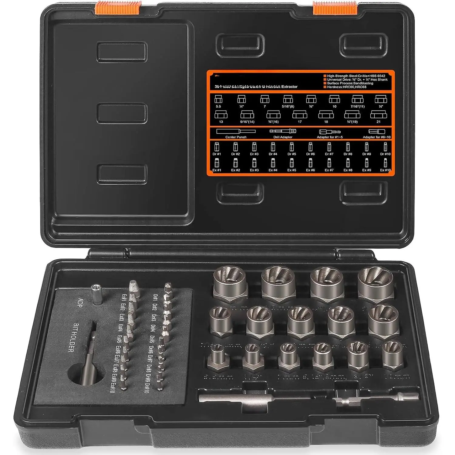 39-Piece Damaged Screw Extractor Set with 3/8" Drive Bolt Extractor Kit, Cr-Mo Steel & HSS 6542, Reverse Spiral Flute, 2-21mm Capacity for Stripped Bolts, Rusted/Rounded-Off Fasteners, Storage Case, Millimeters