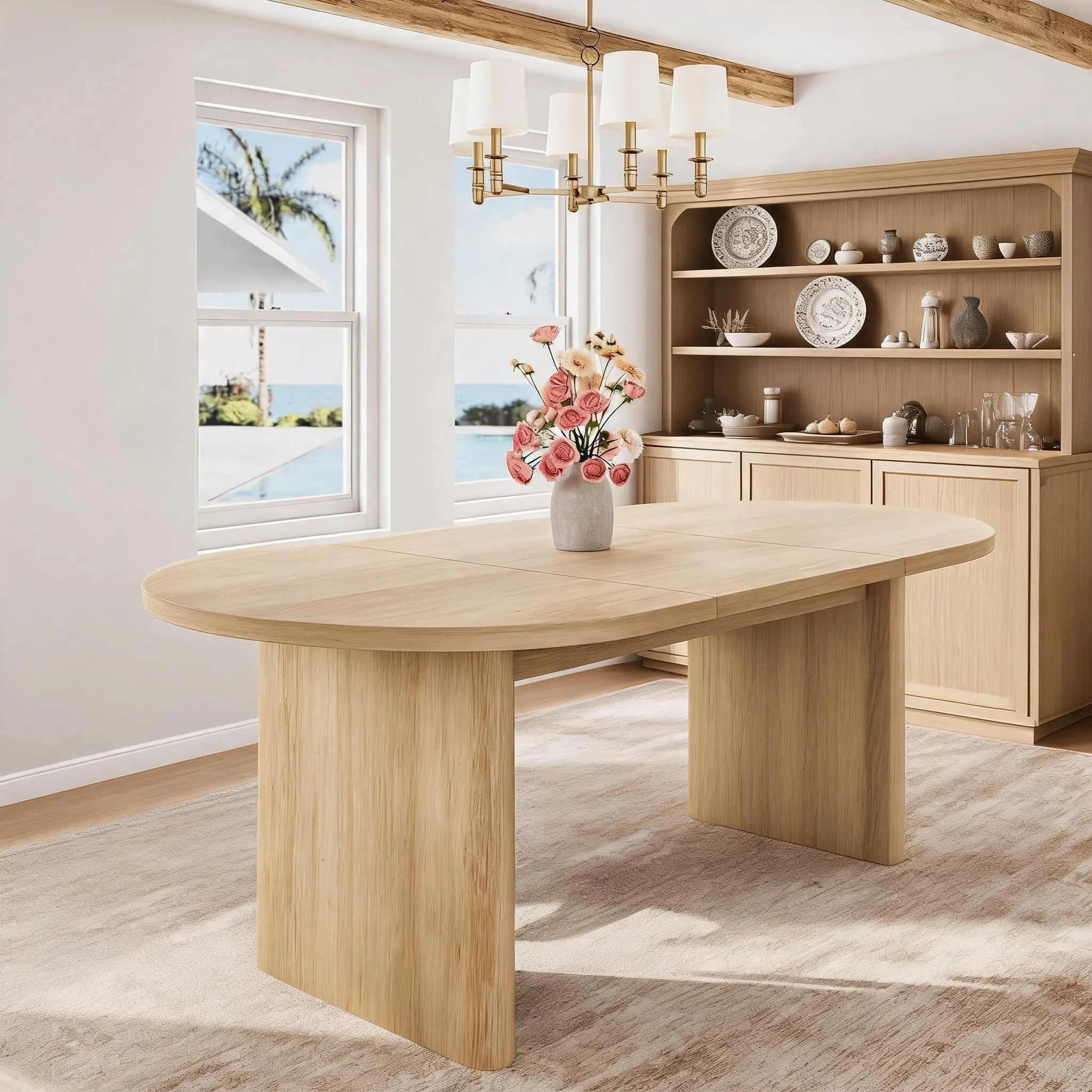 Modern Farmhouse Oval Dining Table ONLY TABLE, Seats 6-8, 70.8 Inch, Thick Sturdy Wooden Base, Spacious Tabletop for Dining Room, Kitchen and Living Room, Available in Classic Gray, Natural, Black