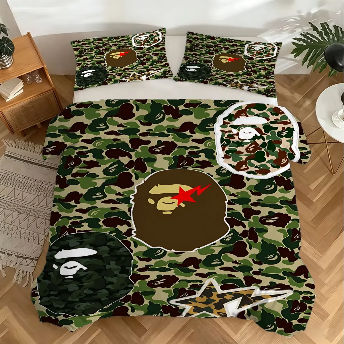Camo Ape Head Pattern Duvet Cover Set, 2/3Pcs Hip Hop Streetwear Bedding Set, Suitable for Streetwear-Style Bedroom, Teen Boy Room, Hip Hop Themed Apartment, Fashion Studio Home Decor. 1 or 2 Pillowcase, No Filling