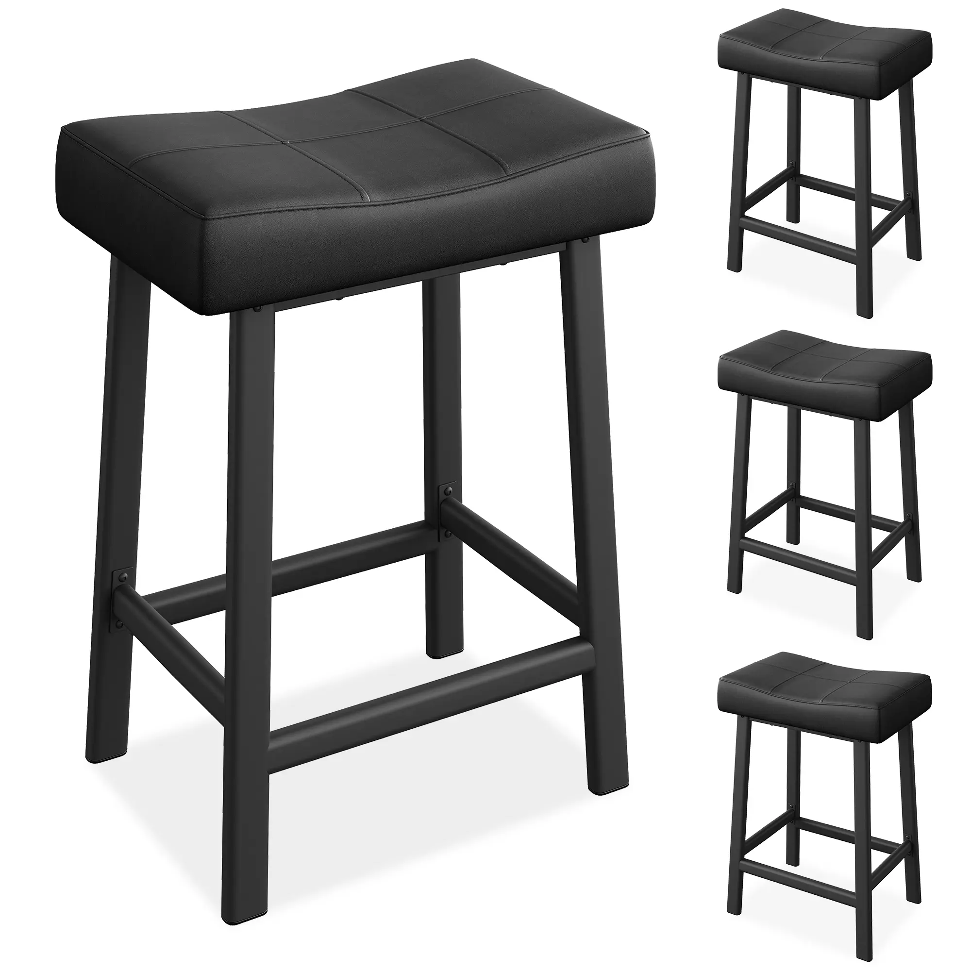 Counter Height Bar Stools Set of 4, 24-Inch PU Leather Saddle Seat Stools with 3.2-Inch Thick Cushions, Metal Frames, Built-In Footrests and Floor-Protecting Pads for Kitchen Island, Breakfast Bar, Dining Room, Apartment and Home Pub, Black