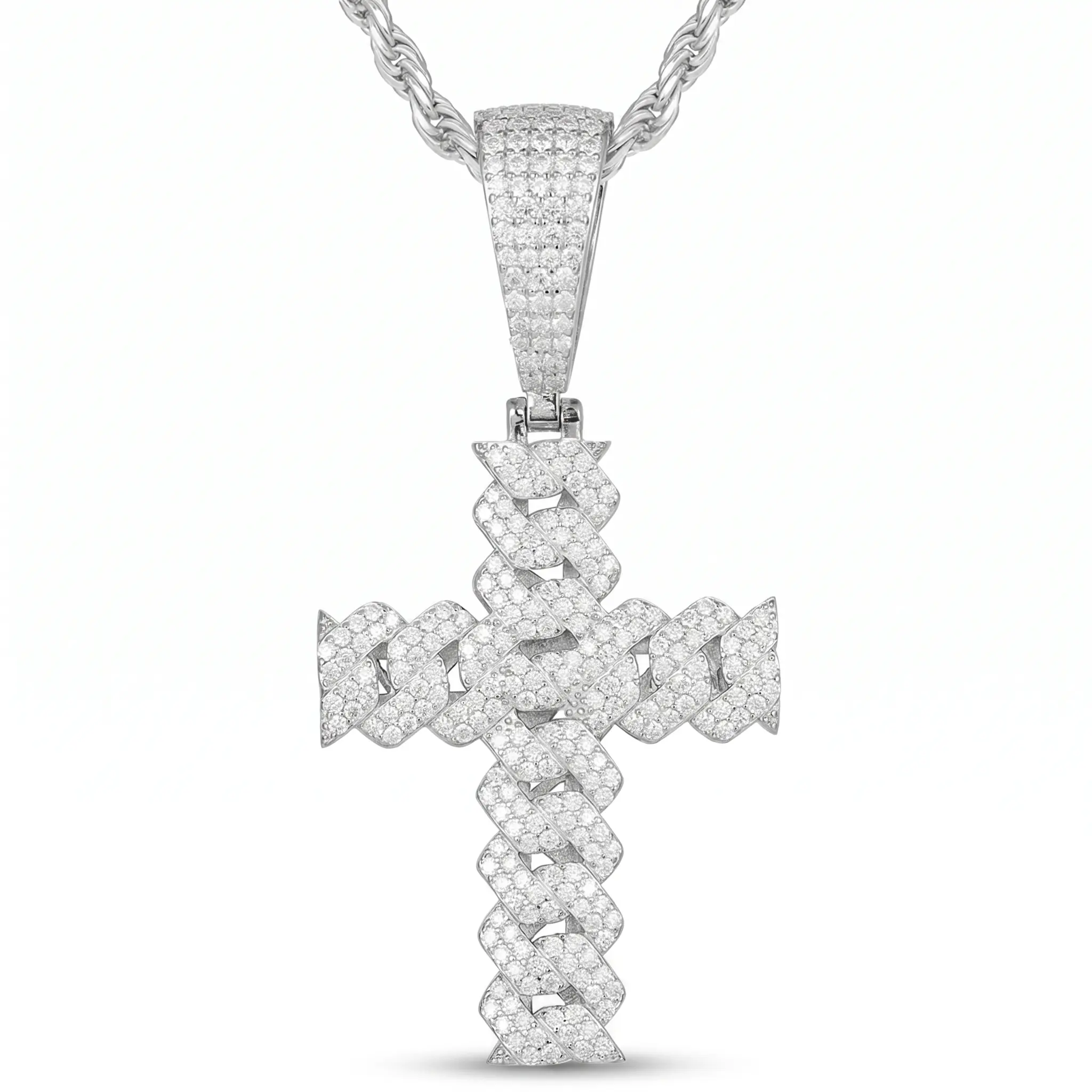 ZIIYONG 925 Sterling Silver Iced Out Cross Pendant  Statement fashion neckalce  , Moissanite Cuban Link Cross couples necklace campingessentials